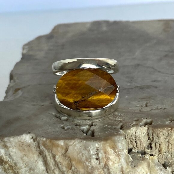 Signed Sterling Silver 925 Faceted Tigers Eye Split Shank Wide Band Ring 6.75 - Picture 16 of 16